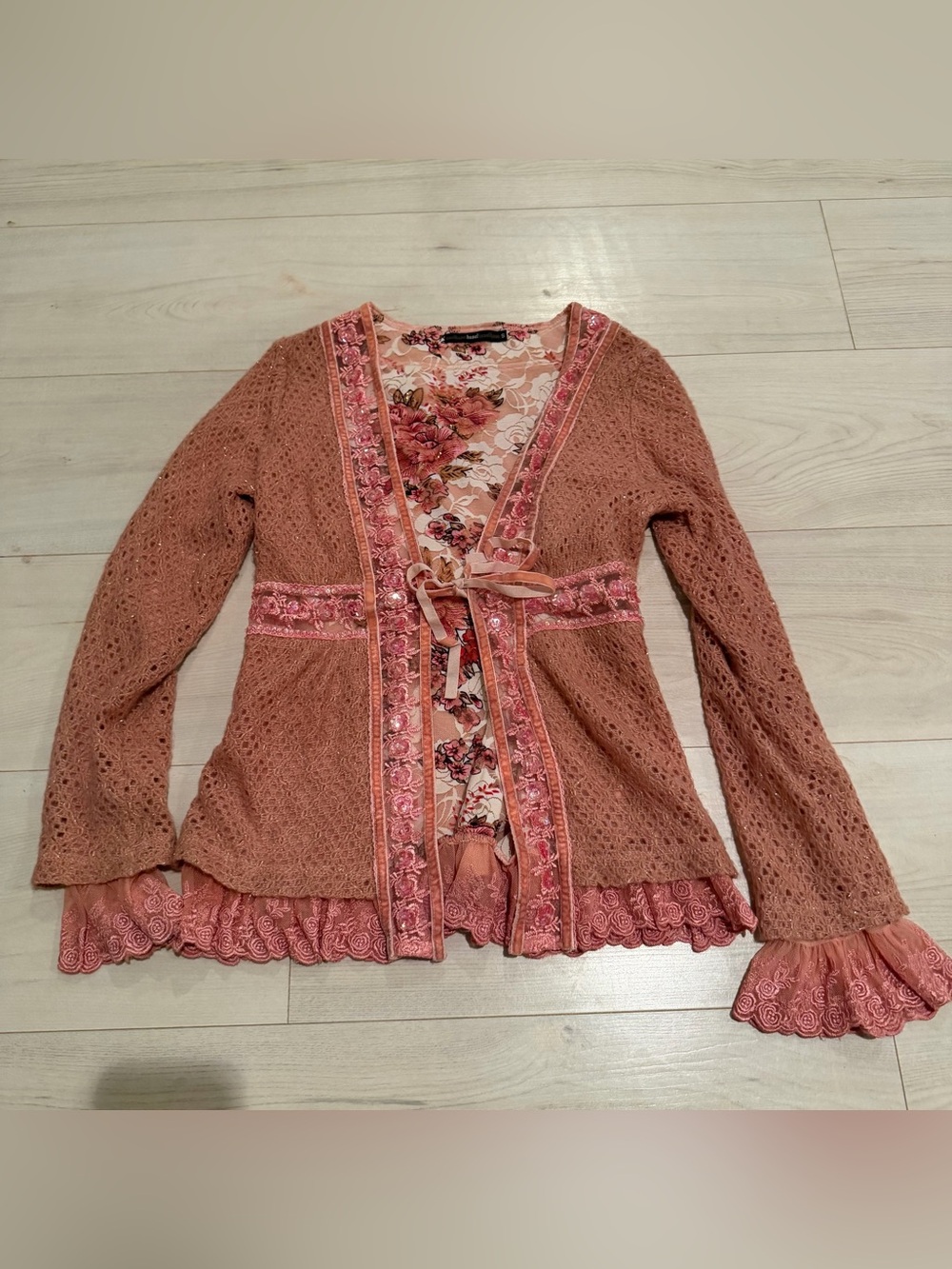 hazel Dusty Rose Crochet Tie-Front Cardigan with Floral Trim